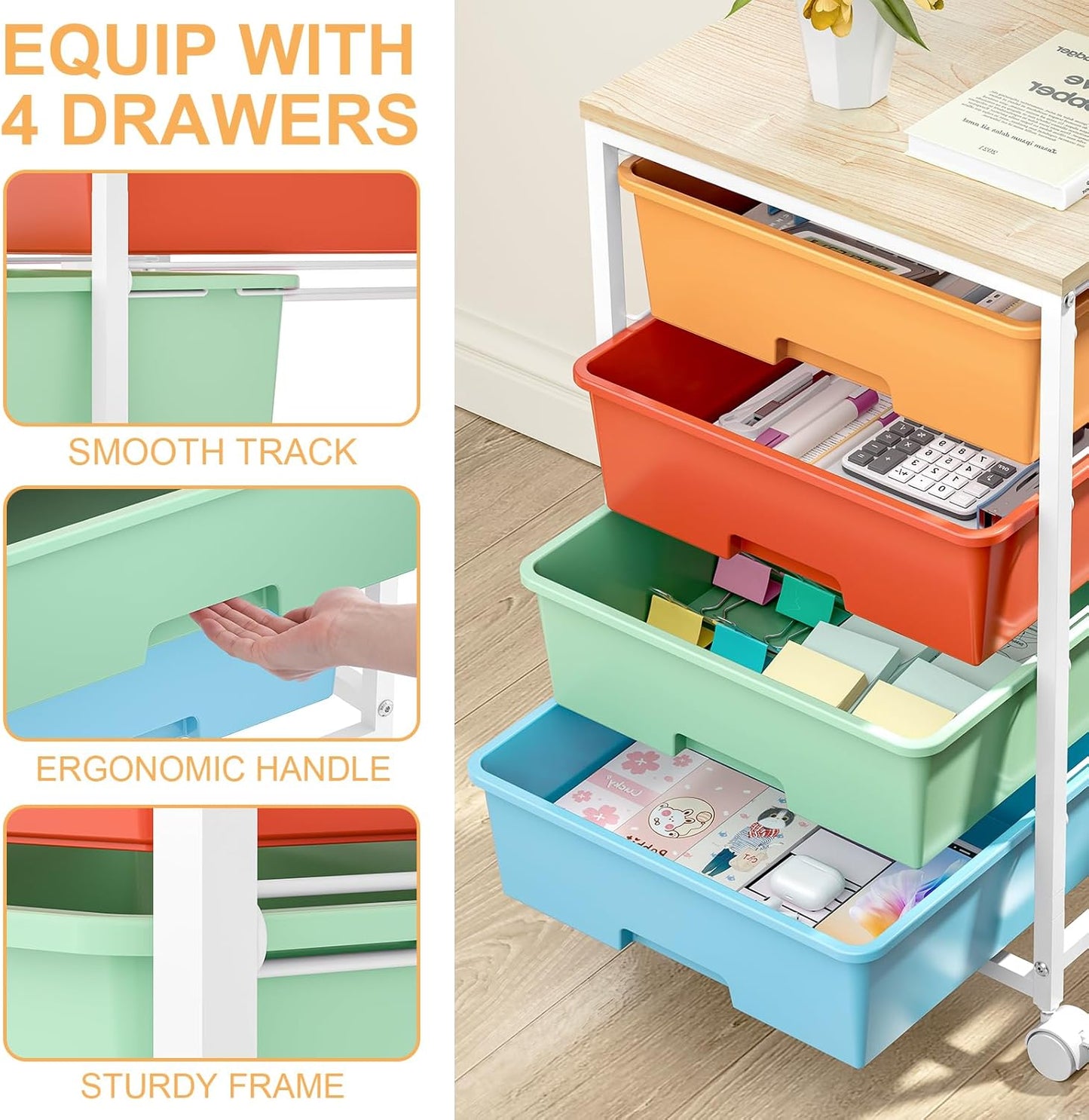 SYKIARIOL Utility Cart with 4 Drawers, Multipurpose Rolling Storage Cart with 4 Drawers and 2 Lockable Wheels, 4-Tier Rolling Storage Cart Organizer for Home Office Dorm, Bright White