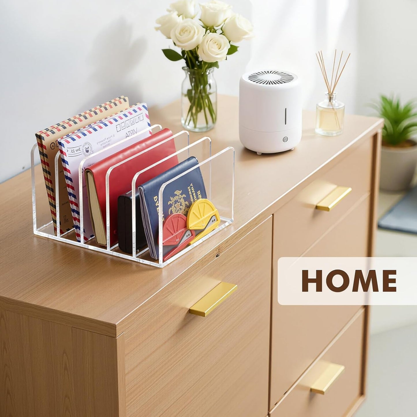 BEYGORM Acrylic Mail Holder, Clear Multifunction Desk Organizer with Divider, Vertical Letter Sorter for Desktop, 5 Compartments Modern Office Home Envelope Organizer for Bill, Document, Folder