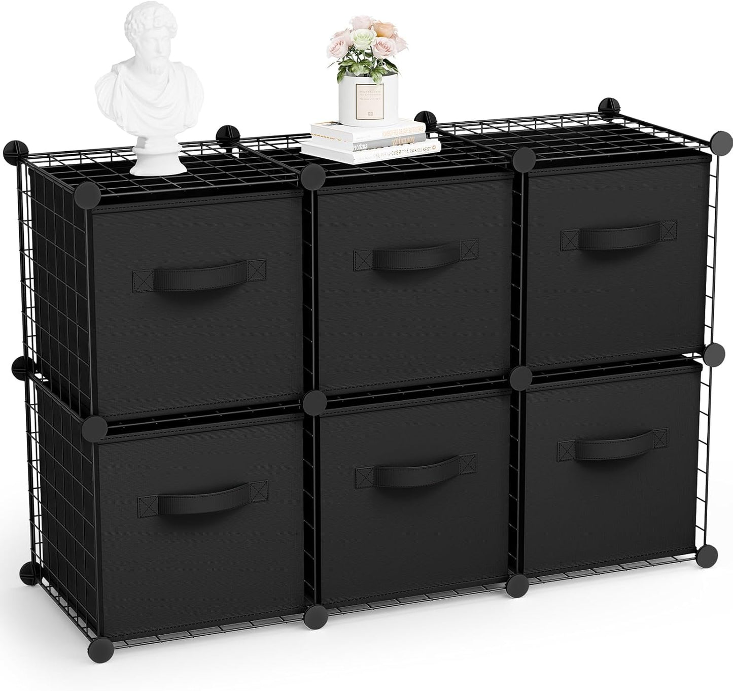 Leinuosen 6 Cube Storage Organizer with Fabric Bins, Wire Grid Stackable Shelves, Modular Storage Units for Bedroom Living Room Office Toys Book Craft(Black,Gray)