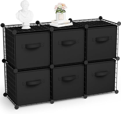 Leinuosen 6 Cube Storage Organizer with Fabric Bins, Wire Grid Stackable Shelves, Modular Storage Units for Bedroom Living Room Office Toys Book Craft(Black,Gray)