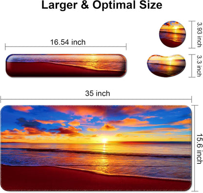 Keyboard Wrist Rest + Mouse Pad with Wrist Support + Desk Mat + Coaster 4 in 1 Set, XXL Large Gaming Mousepad Cute Ergonomic Mouse Pads for Desk Computer Laptop Office Decor-Beach