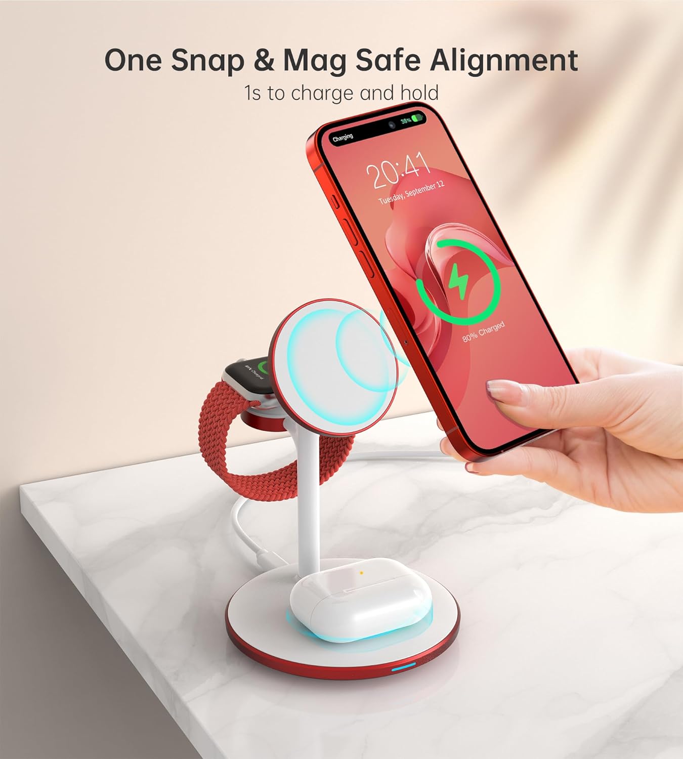 XooFly 3 in 1 Wireless Charging Station for Apple Devices, Fast Wireless Mag-Safe Charger Stand with 20W Adapter for iPhone 17 16 15 14 13 12 Pro Max/Air/Plus/Pro,iWatch,AirPods-Gift for Wife&Husband