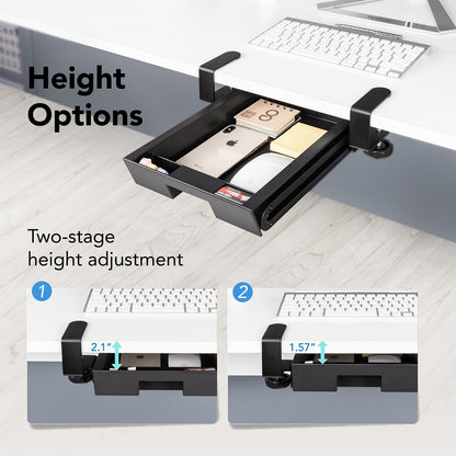 EHO Under Desk Slide-Out Storage Drawer, Small 11.7"x8.2" Pull-Out Organizer with Smooth Sliding Rail, Adjustable C-Clamp Mount, Black Tray for Home Office & Standing Desk