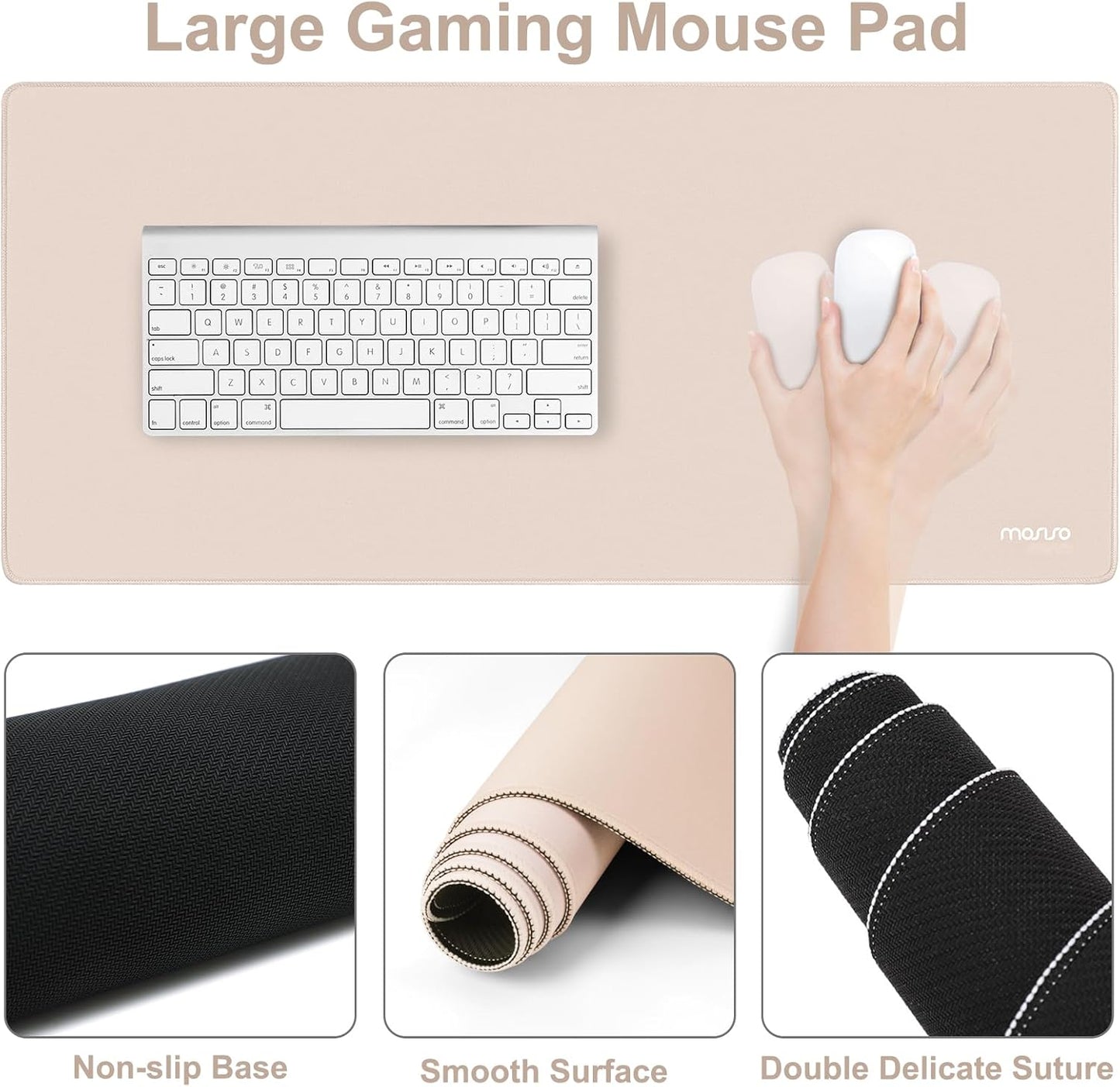 MOSISO Wrist Rest for Keyboard Mouse Pad Set, Large Gaming Deskpad&Circle Curved Mousepad&Keyboard Wrist Rest&Coaster, Ergonomic Non-Slip Mousepad&Easy Typing Pad with Silicone Lining, Apricot