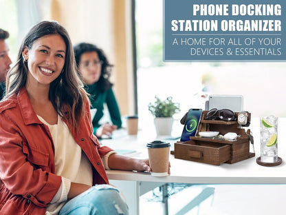 Parkway Home Wood Phone Docking Station with Drawer, Compatible with Apple Watch - Wood Charging Station Organizer Stand, Bedside Nightstand Organizer for Men, Holds Phone, Tablet, Keys, Glasses, EDC