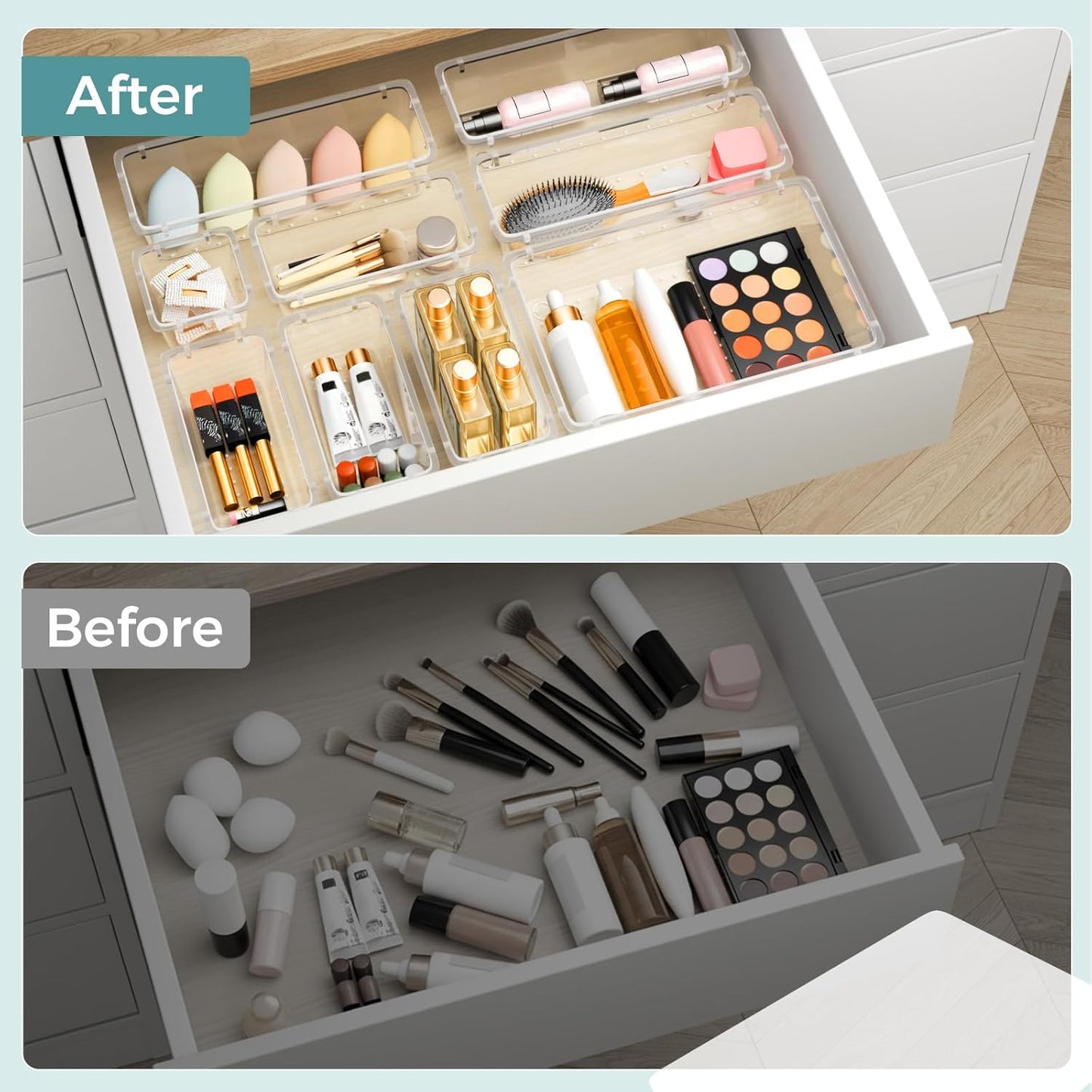 WOWBOX 44 PCS Clear Plastic Drawer Organizer Set, 4 Varied Size storage Bins and Desk Drawer Organizer tool Trays for Makeup, Gadgets, Jewelry and Utensils in Bathroom, Bedroom and Office, Clear Black