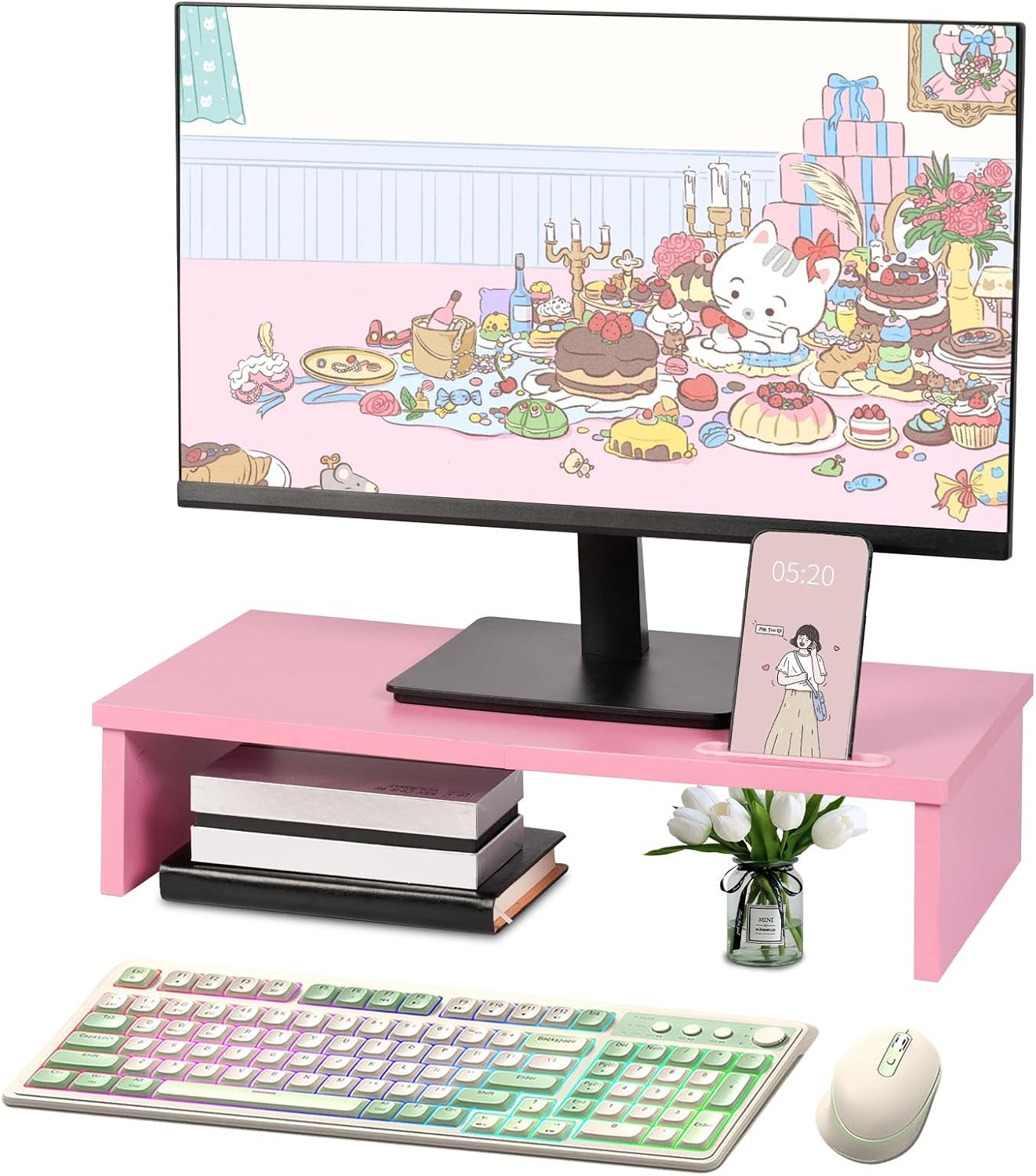 Qupui Computer Monitor Stand Riser with Drawer and Pen Holders, Desk Organizer Shelf and Accessories, Office Desk Accessories, Office Organization, Black
