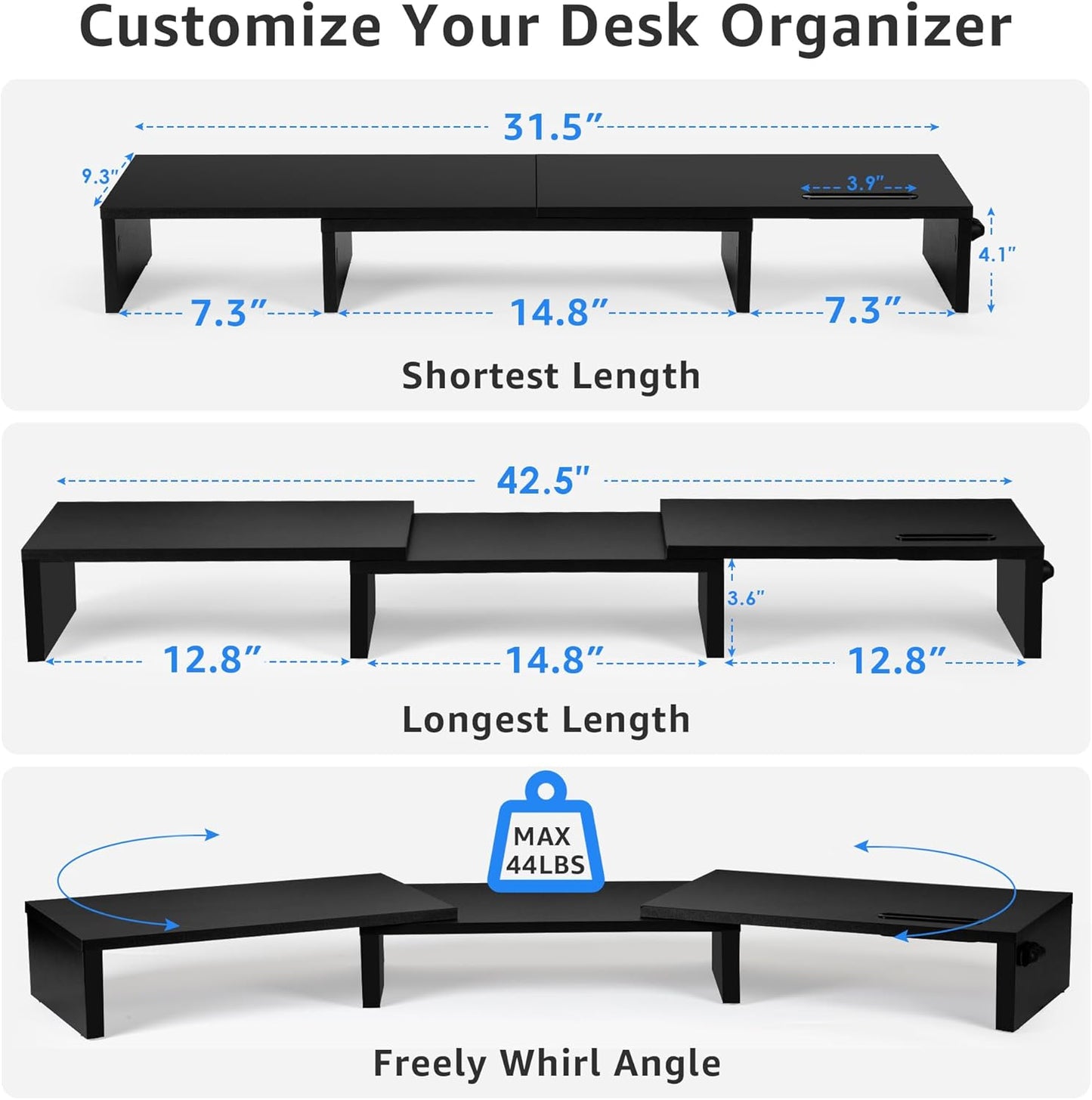 La Jaco Dual Monitor Stand Riser for 2 Monitors, Monitor Stand for Desk, Adjustable Length & Swivel Angle Wooden Desktop Organizer Stand Riser with Smartphone Holder for PC Monitor Laptop, White