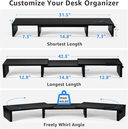 La Jaco Dual Monitor Stand Riser for 2 Monitors, Monitor Stand for Desk, Adjustable Length & Swivel Angle Wooden Desktop Organizer Stand Riser with Smartphone Holder for PC Monitor Laptop, White