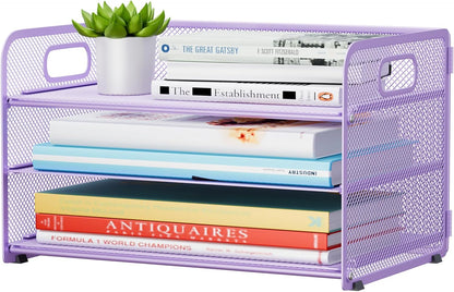 3 Tier Paper Letter Tray Organizer for Desk, Mesh File Folder Document Organizer with Handle for Home Office Supplies Desktop Accessories, Black