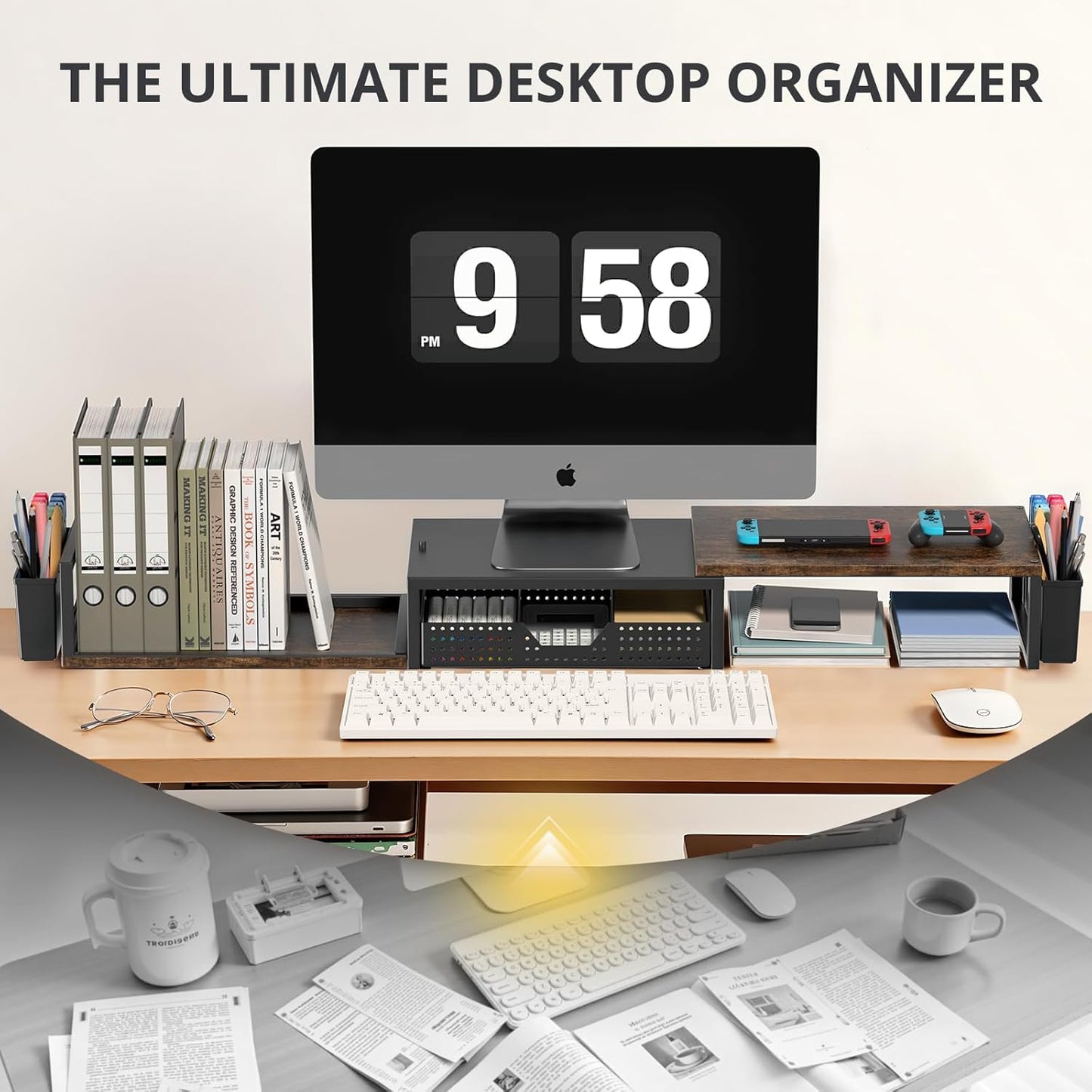 OPNICE Clear Acrylic Desk Organizers and Accessories, Dual Monitor Stand Riser with Drawer, Desk Shelf Computer Racks for Office Workspace Organizers, Desktop Organization (Transparent)
