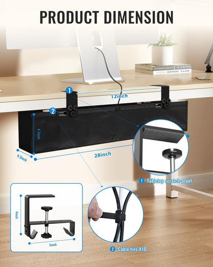 No Drill Cable Management Under Desk, 36" Cord Organizer for Table, Clamp/Screw Mount Cable Tray, Premium Black Fabric Desk Cord Management Tray for Office, Home (Large (36 Inch))