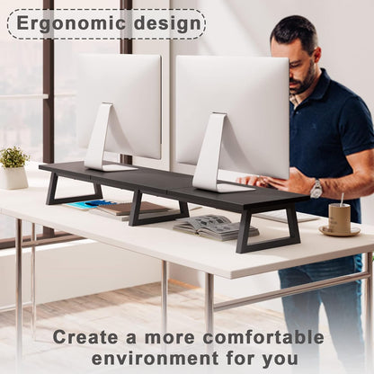 TEAMIX 42 inch Large [Dual] [Monitor] [Riser],Rustic Brown Extra Long TV [Stand Wood & Steel Desktop [Riser] with Storage for [Dual] Screen Office Desk Organization