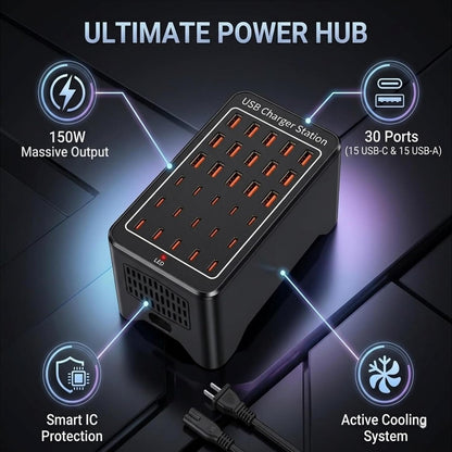 150W USB C Charging Station, 30 Port Fast Multi Device Charger (15 USB-C + 15 USB-A) Desktop Charger Hub, Compatible with iPhone Samsung iPad Google Pixel Tablets & Other USB Electronics