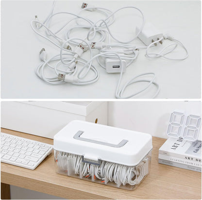 Large Cable Organizer Box with Lid, Plastic Cord Storage Case with Handle and Wire Ties for Home Office, Phone Charger, Art Crafts, Stationery