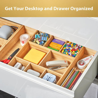 Umilife Bamboo Desk Drawer Organizer, Wood Junk Organizer Tray with Adjustable Dividers, Anti-Skip Storage Organization in Office Bathroom Drawer for Vanity, Makeup, 12" x 9"