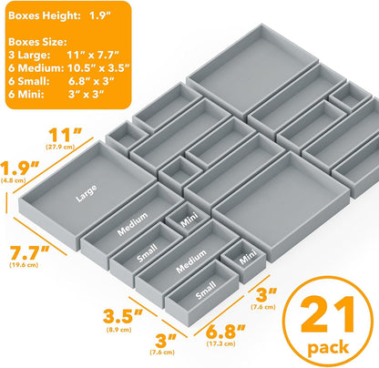 SpaceAid 21-Piece Bamboo Drawer Organizer Storage Boxes Set, Wood Tray Junk Drawer Organizers Multi-Use Divider Bins for Kitchen, Bathroom, Office Desk and Makeup Organization (21 Pack, Natural)
