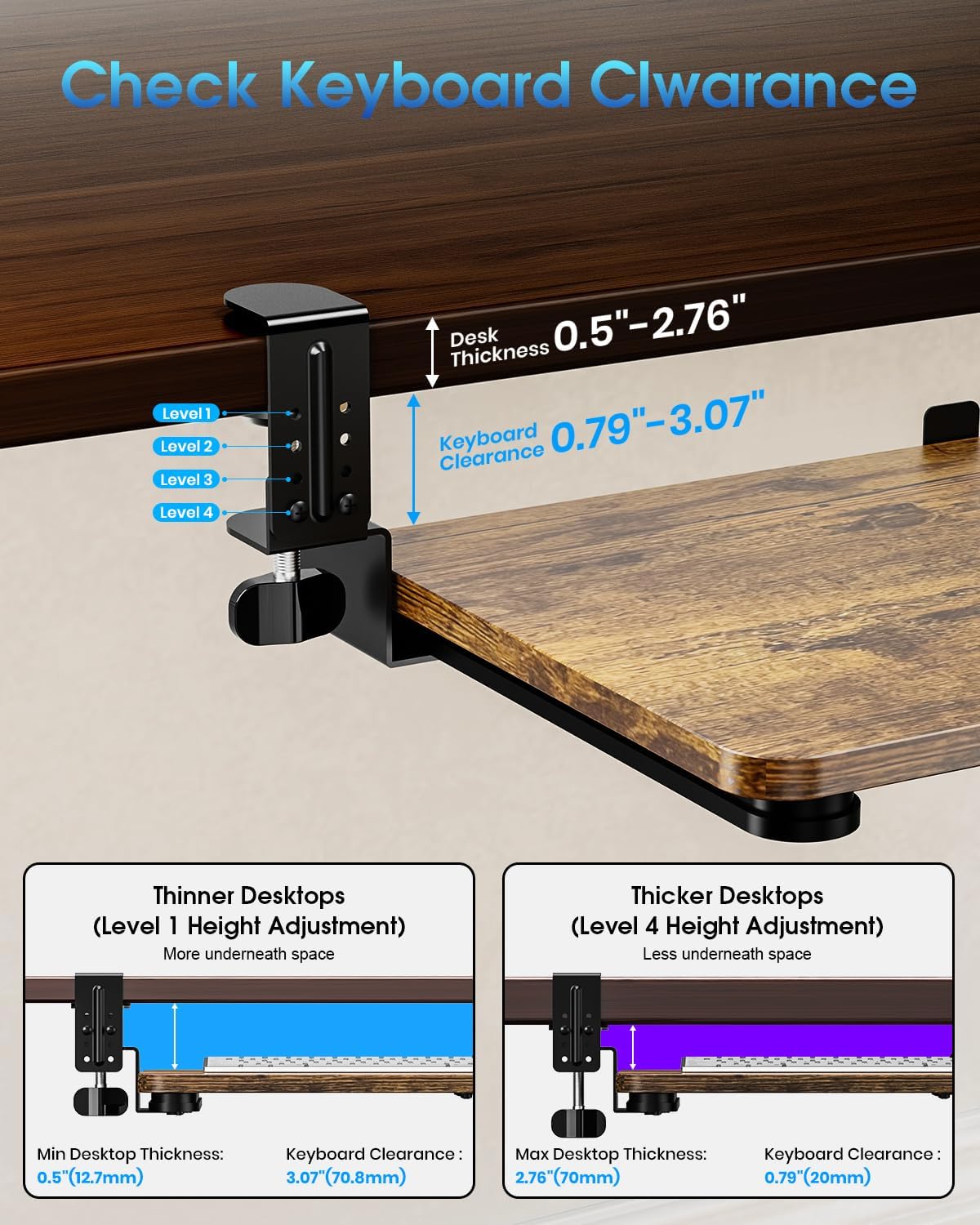 Large Keyboard Tray Under Desk, Pull Out Keyboard & Mouse Tray with Adjustable C-clamp, 25.6(31.5 Including Clamps) x 11.8 Inch Slide Out Computer Keyboard Drawer Mouse Tray for Typing, Brown
