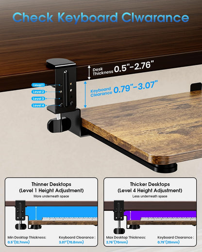 Large Keyboard Tray Under Desk, Pull Out Keyboard & Mouse Tray with Adjustable C-clamp, 25.6(31.5 Including Clamps) x 11.8 Inch Slide Out Computer Keyboard Drawer Mouse Tray for Typing, Brown
