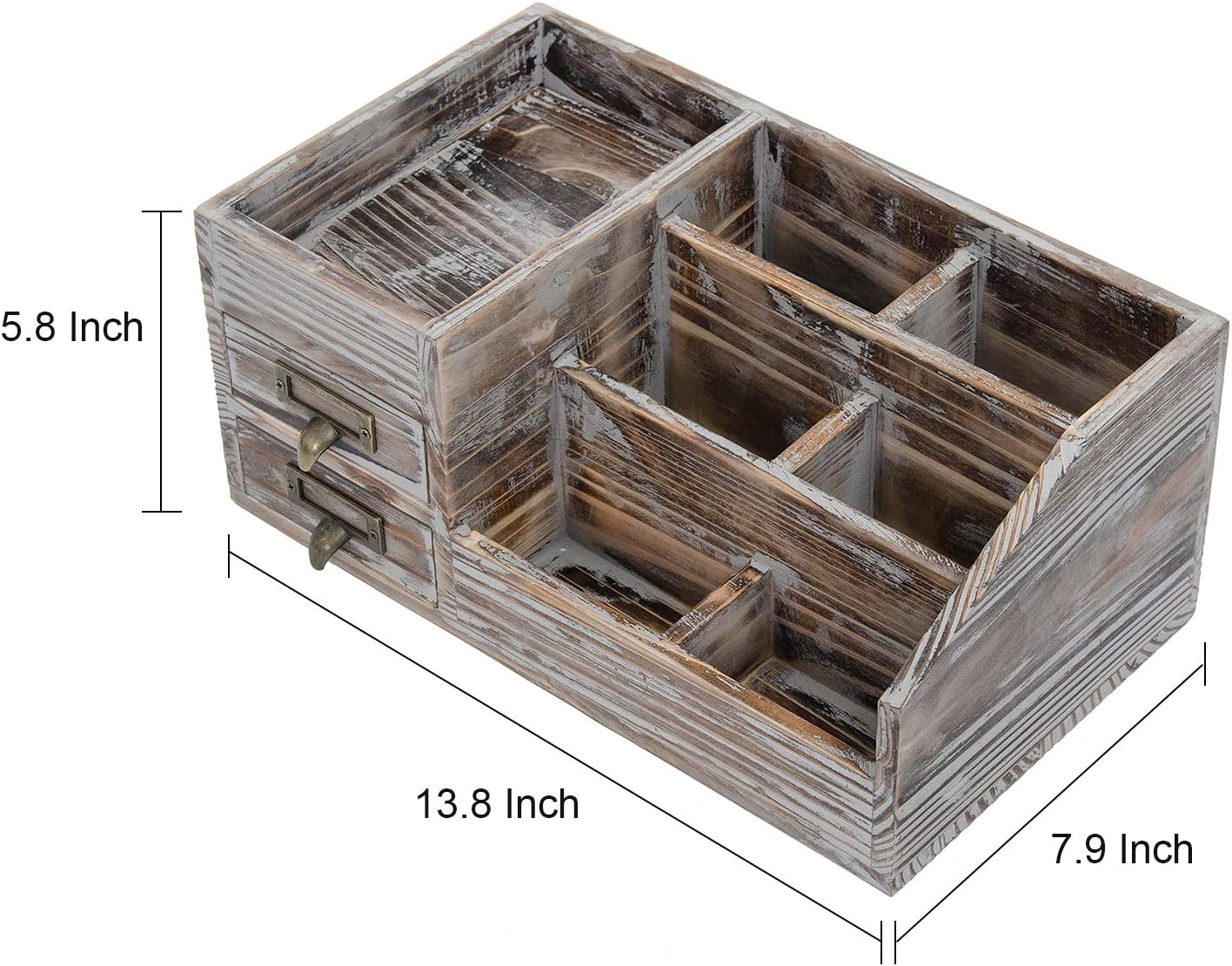 Liry Products Rustic Wooden Desktop Organizer Office Supplies Brown Tabletop Storage Cabinet Stepped Rack Multiple Compartments 2 Tier Drawers Makeup Accessory Jewelry Sorter Display Box Home Office