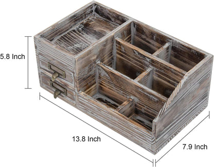 Liry Products Rustic Wooden Desktop Organizer Office Supplies Brown Tabletop Storage Cabinet Stepped Rack Multiple Compartments 2 Tier Drawers Makeup Accessory Jewelry Sorter Display Box Home Office
