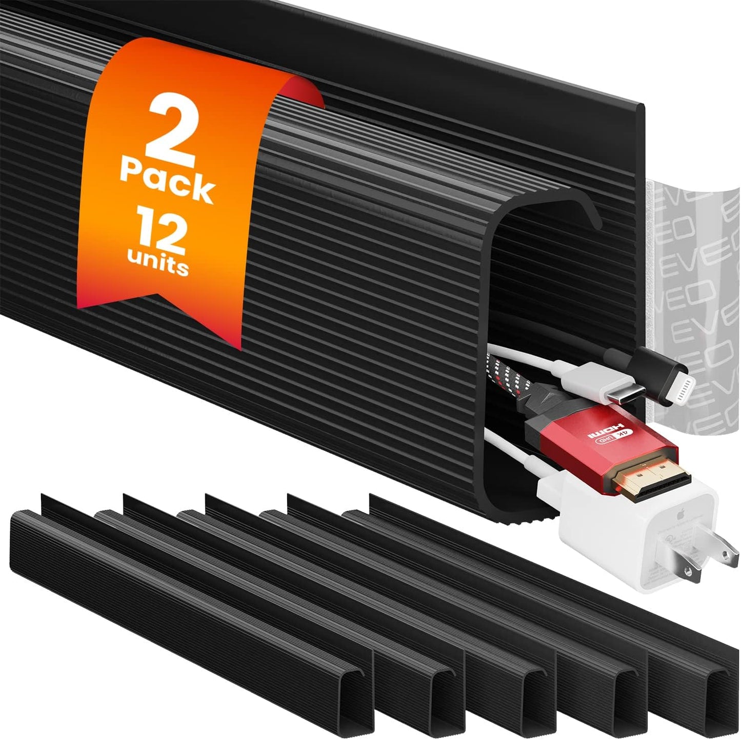 EVEO Cable Management Under Desk Kit (6 Units) - Under Desk Cable Management Cord Hider, Cable Hider Cord Management, Cable Organizer, Cable Raceway | Self-Adhesive 96'' J Channel 6X16 - Black