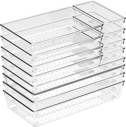 8 Pack Large Clear Plastic Drawer Organizer Bins - Acrylic Bathroom Drawer Organizer Trays - Heavy Duty Kitchen Drawer Dividers for Utensils - Non-Slip Storage Bins for Makeup, Bedroom, Office Desk
