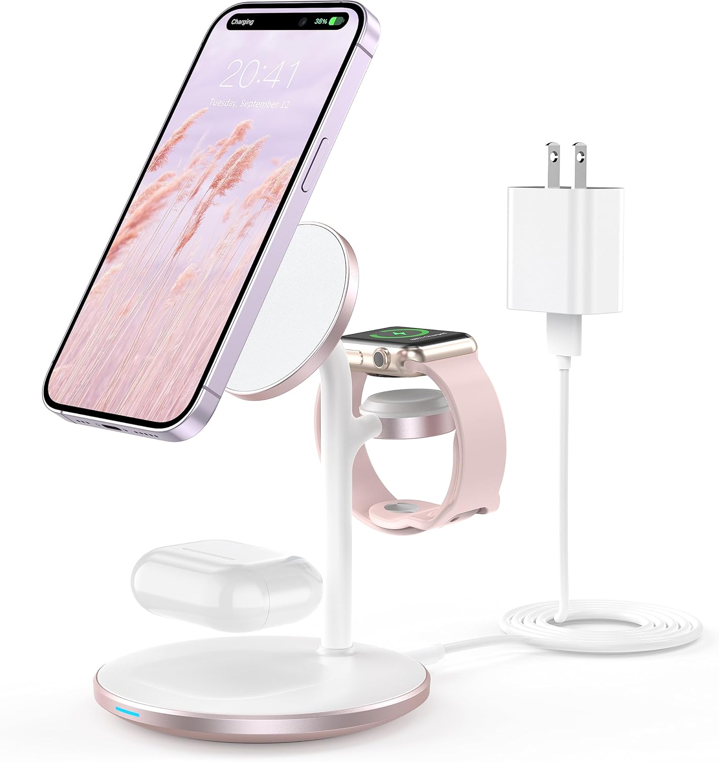 XooFly 3 in 1 Wireless Charging Station for Apple Devices, Fast Wireless Mag-Safe Charger Stand with 20W Adapter for iPhone 17 16 15 14 13 12 Pro Max/Air/Plus/Pro,iWatch,AirPods-Gift for Wife&Husband