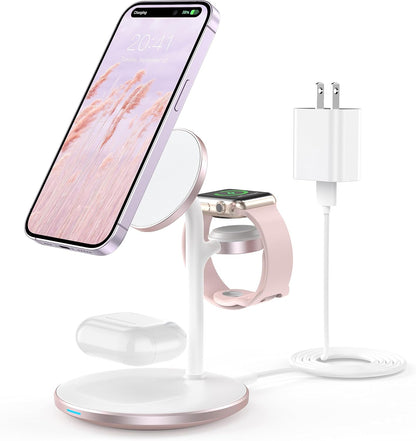 XooFly 3 in 1 Wireless Charging Station for Apple Devices, Fast Wireless Mag-Safe Charger Stand with 20W Adapter for iPhone 17 16 15 14 13 12 Pro Max/Air/Plus/Pro,iWatch,AirPods-Gift for Wife&Husband