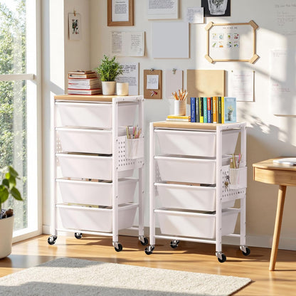 Rolling Cart with 3 Drawers, Plastic Drawer Storage Carts with Lockable Wheels & Wooden Tabletop, Metal Utility Cart Organizer, Office Bedroom Classroom Craft Organization and Storage, Bright White