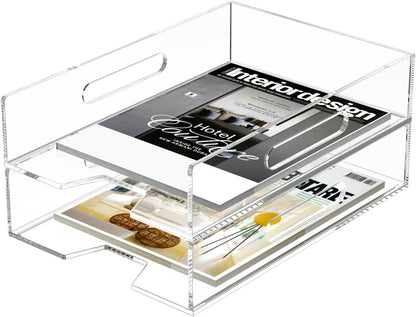 HIIMIEI Acrylic Paper Tray 2 Pack Clear Letter Tray Desk Stackable Organizer for School, Home, Office - Horizontal