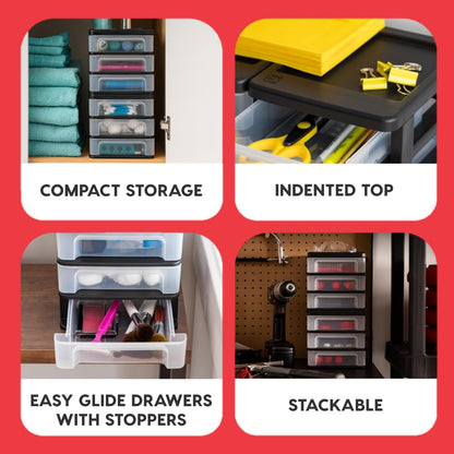 IRIS USA Plastic Stacking Desk Top 3-Drawer Storage Organizer, 2-Pack, for Makeup Vanity Nail Polish Bathroom Stationery Art Craft Supplies Kitchen Office Garage and Small Organization, Small, Black