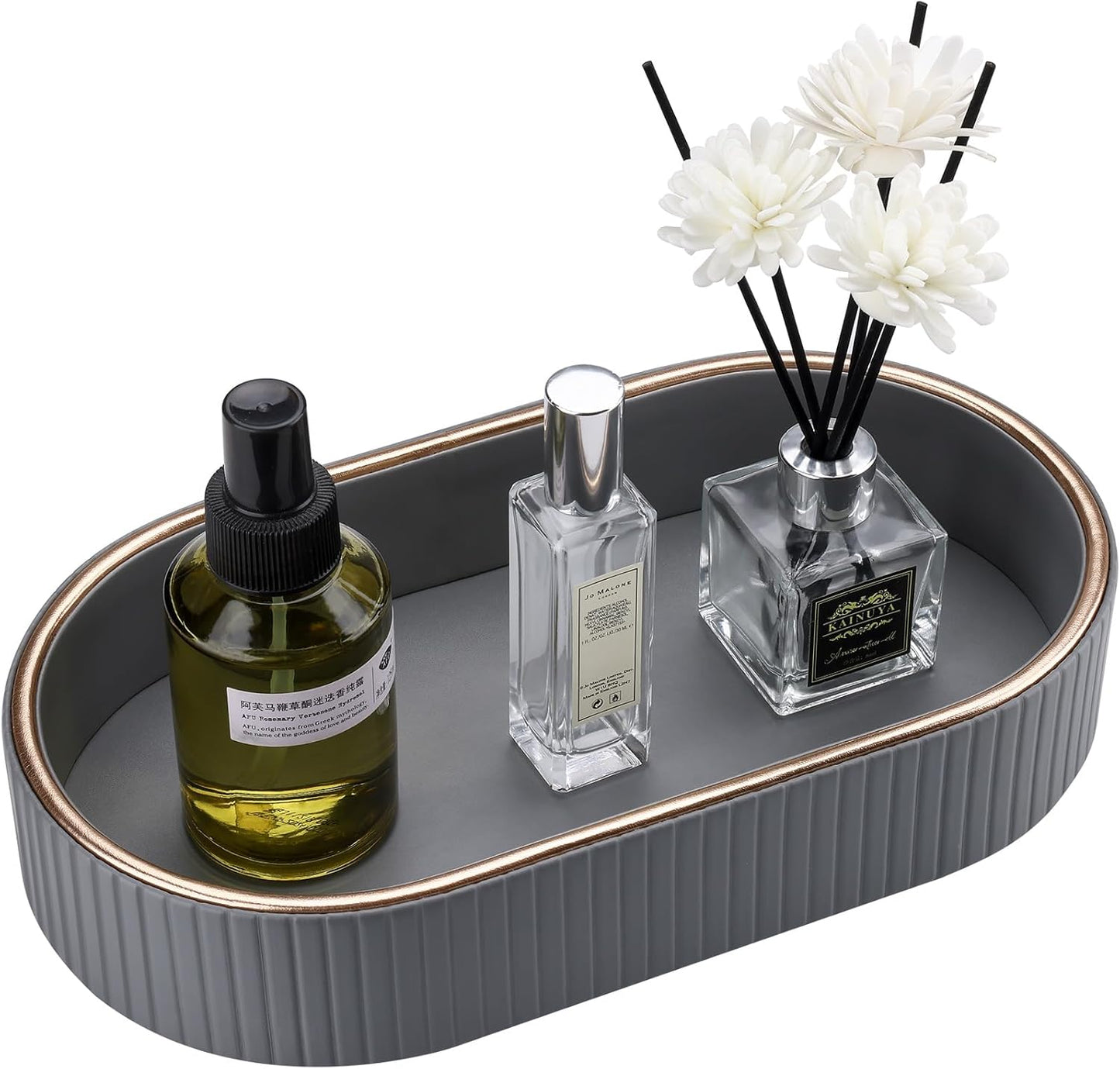 GORESE PU Leather Perfume Tray Nightstand Organizer, Small Oval Desk Tray Jewelry Trinket Trays Valet Organizer Key Bowl for Entryway Dresser Bathroom, Catchall Trays for Men Women, 11×5.9 in, Beige