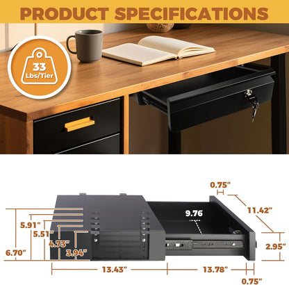 POPMOON 14 in Deep Under Desk Drawer,Pull Out Storage Organizer with Lock and Keys,Adjustable Height, Metal Storage Drawer with Slide Extension Mounted Under Flat Wooden Table or Workbench
