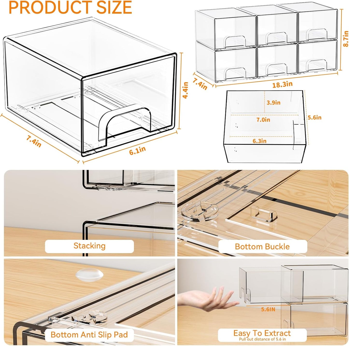 Yieach 4 Pack Clear Stackable Storage Drawers,4.4'' Tall Acrylic Drawer Containers for Organizing,Bathroom Organizers and Storage Bin Box,Plastic Makeup,Medicine Organizer Bins for Cabinet,Undersink