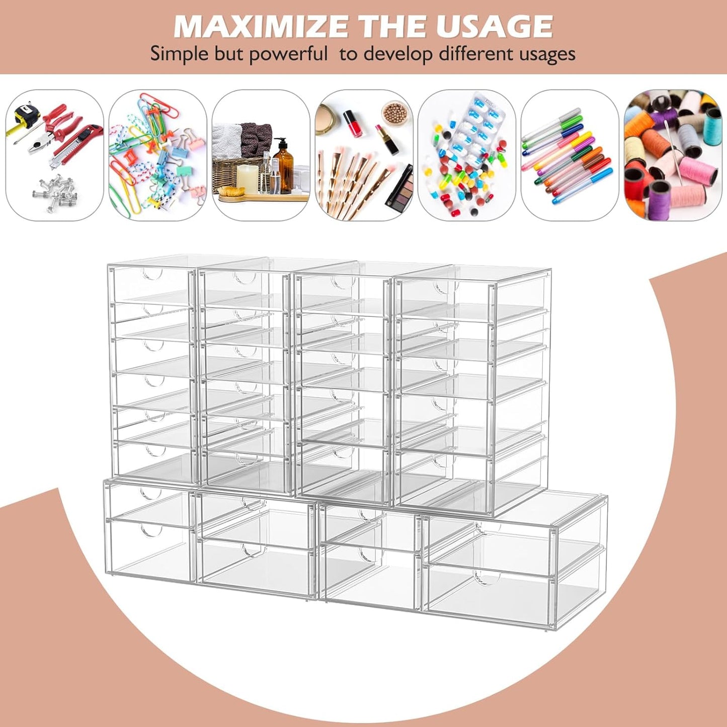 caktraie Versatile Acrylic Makeup Organizer, Drawer Organizer - Transparent Desktop Storage for Cosmetics, Office Supplies & More - Clear Organizer for Home & Office Use