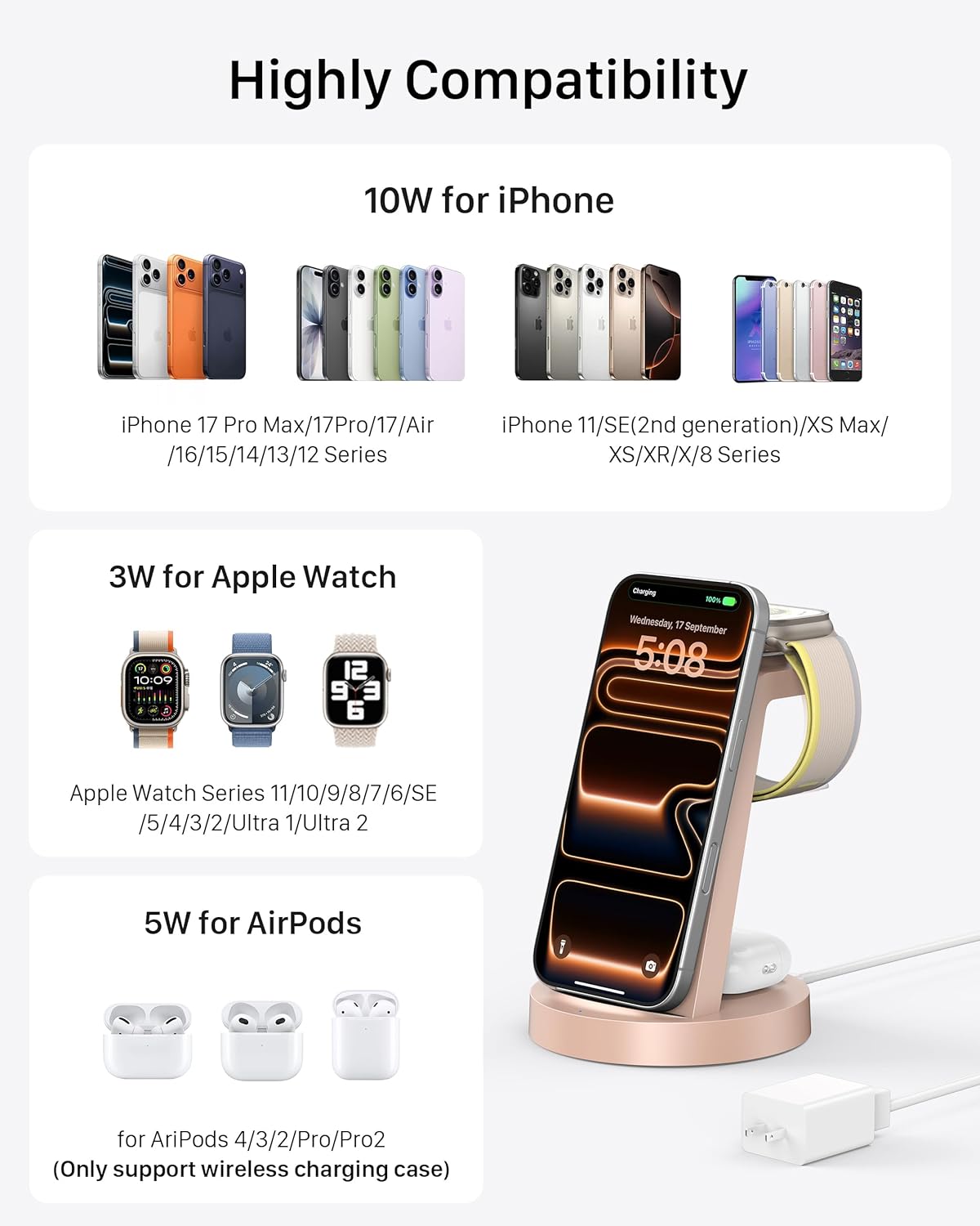 Anlmz 3 in 1 Charging Station for iPhone - Wireless Charger for Apple Products Multiple Devices - Charging Dock Stand for AirPods (for iPhone 17 16e 16 15 14 13 pro 12 11 X Max)