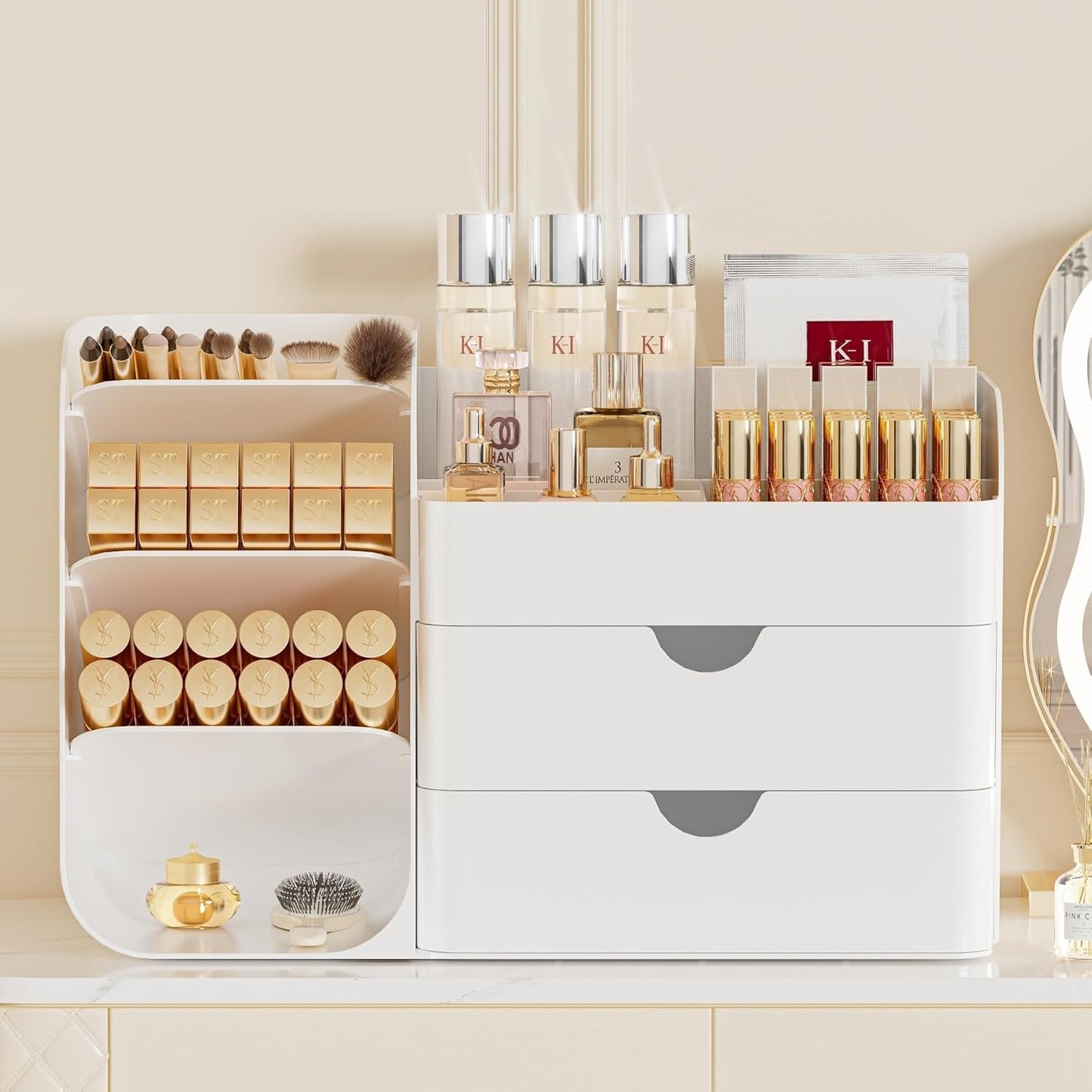 Booklov Makeup Organizer for Vanity, Countertop Cosmetic Display Case with Clear Acrylic Drawers, Bathroom Counter Beauty Caddy, Cute Table Storage Holder for Skincare, Brush Lipsticks, Crystal White