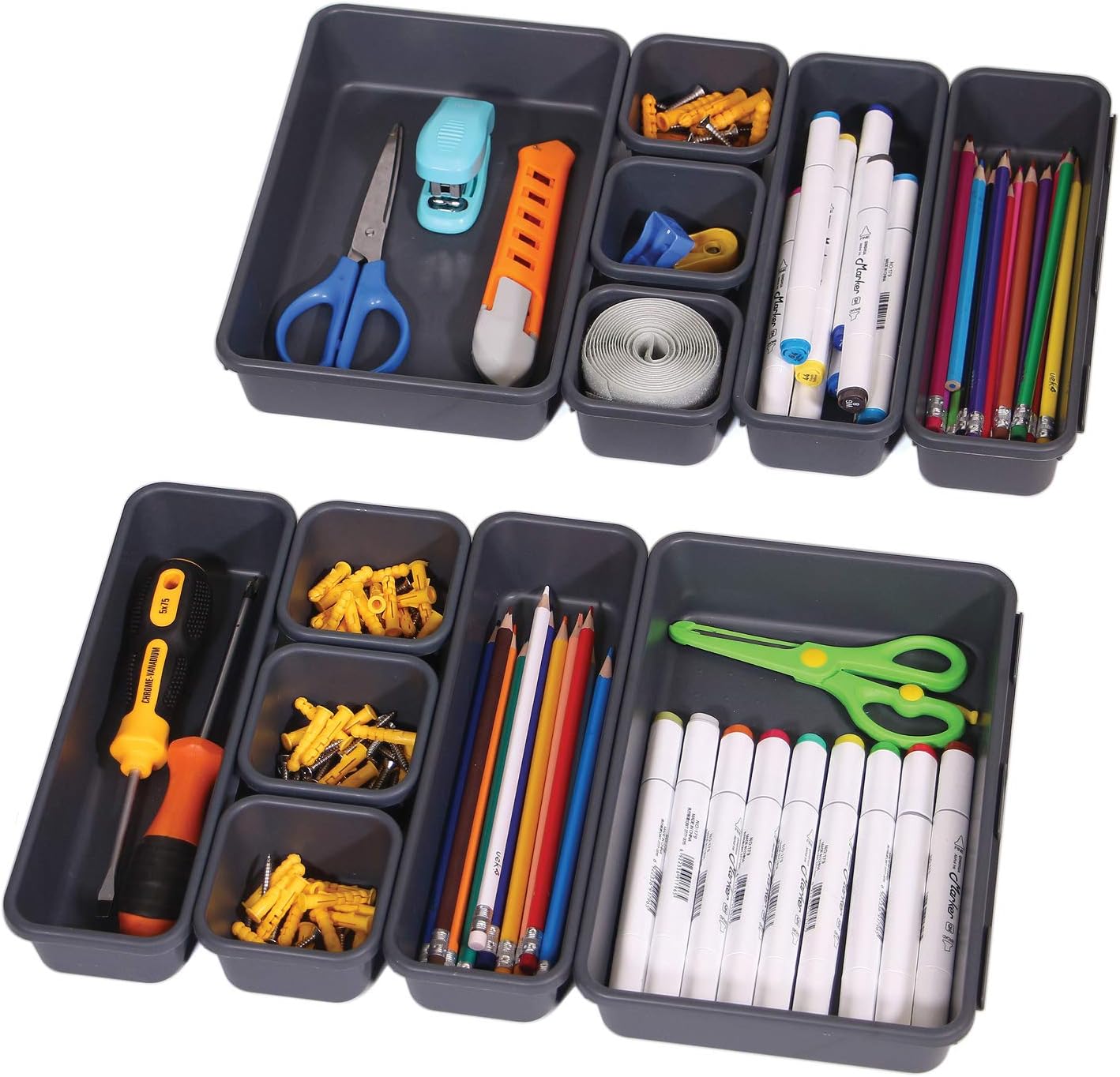 Set of 12 Interlocking Desk Drawer Organizer Tray Dividers Plastic Shallow Narrow Drawers Organizers Separators and Storage Bins Container for Kitchen Bathroom Makeup Office Vanity Bedroom Dresser
