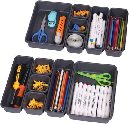 Set of 12 Interlocking Desk Drawer Organizer Tray Dividers Plastic Shallow Narrow Drawers Organizers Separators and Storage Bins Container for Kitchen Bathroom Makeup Office Vanity Bedroom Dresser