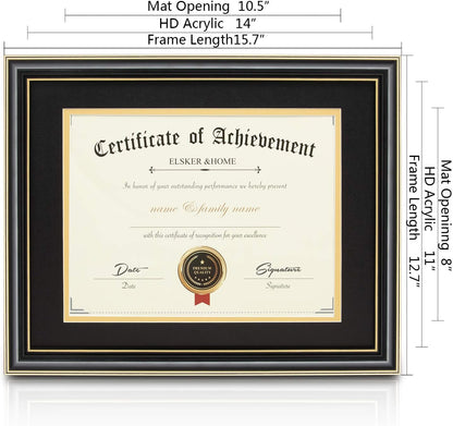 ELSKER&HOME Diploma Frame - Wide Solid Wood Frame - Black Velvet Golden Rim Mat - Semi-Tempered Glass - Includes Hanging Hardware and Desktop Easel(ONLY Display 11×14 Document/Certificate)