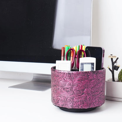 lizimandu Round Leather Art Supply Organizer,Remote Control Holder,360 Degree Spinning,Multi-Functional Pencil Holder,4 Compartments Desktop Stationary Organizer(1-Gold) - Colors B