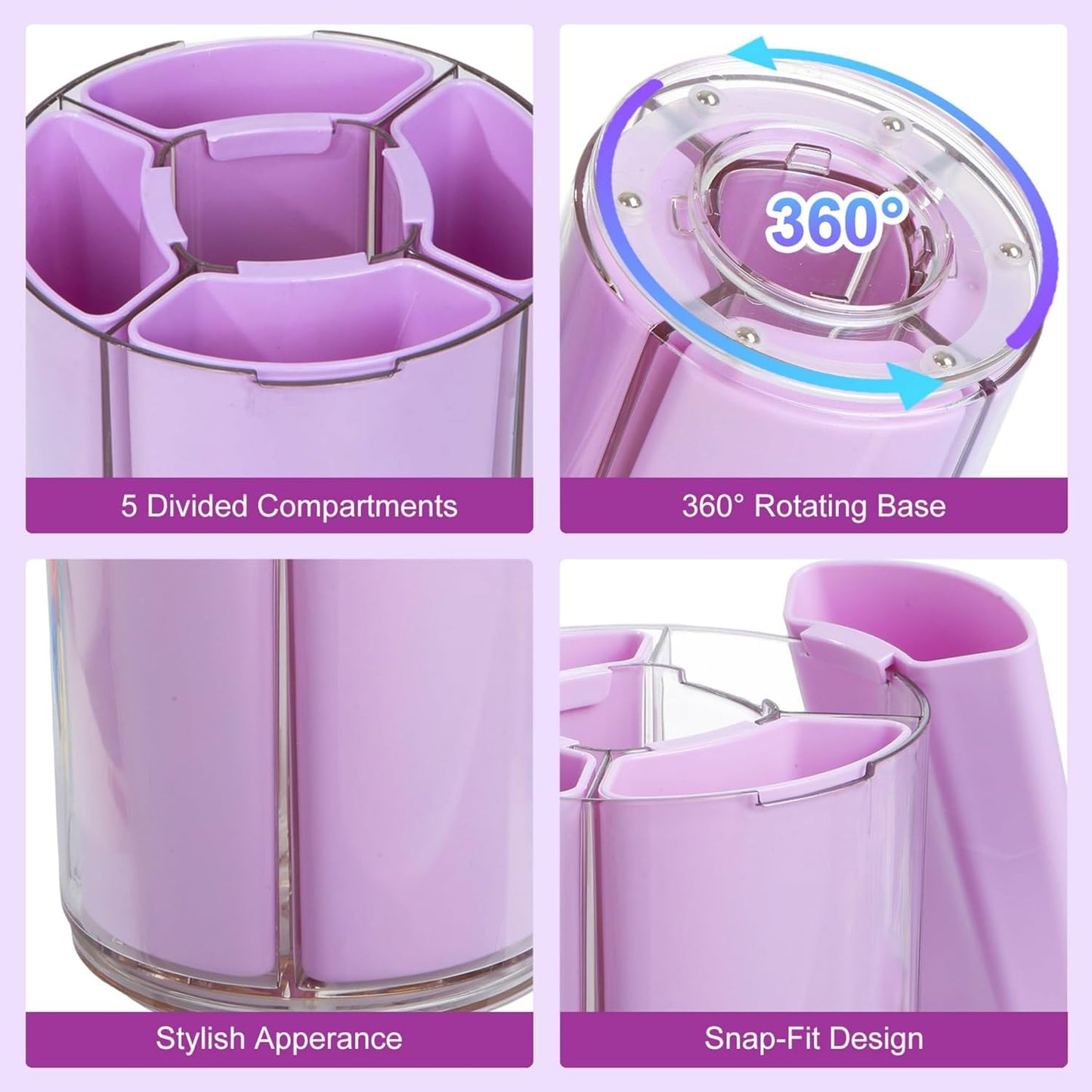 Comix 360° Rotating Pen Holder for Desk, Cute Pencil Holder Pen Organizer, Beige Acrylic Pencil Cup Caddy with 5 Slots for Home School Office Supplies