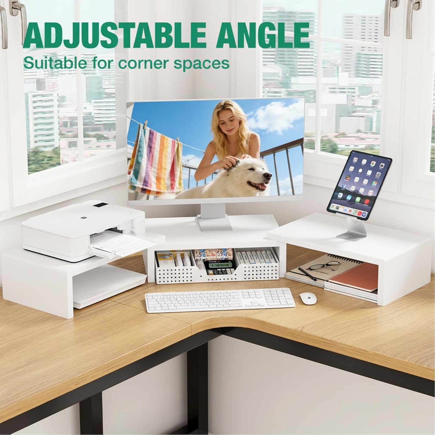 OPNICE Dual Monitor Stand Riser with Drawer and 2 Pen Holders, Desk Organizer for Office Supplies, Computer Monitor Stand for Desk, Workspace Desk Accessories for Home Office, Black