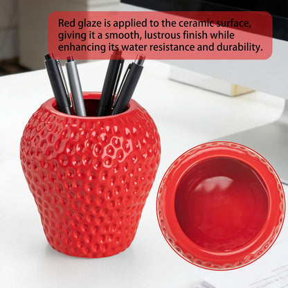 Ceramic Paper Clip Holder, Strawberry Pen Holder Set, Desktop Aesthetic Creative Storage Set of 2, Office Home Decor(Red)