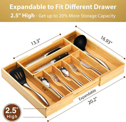 Umilife Expandable Kitchen Drawer Organizer, 2.5" High Bamboo Utensils Silverware Tray, Adjustable Large Deep Wood Organization Holder