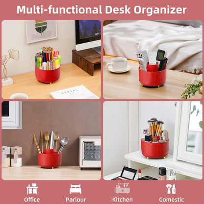 Marbrasse Desk Organizer, 360-Degree Rotating Pen Holder, Desk Organizers and Accessories with 5 Compartments Pencil Holder, Art Supply Storage Box Caddy for Office, Home（White）