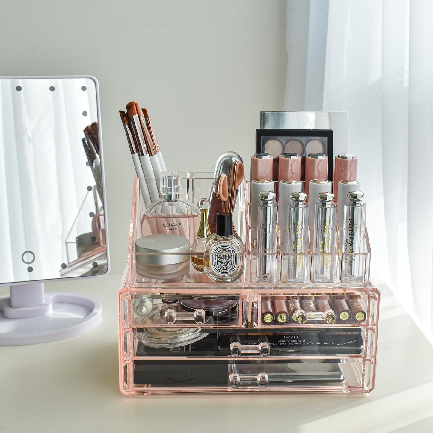 Ikee Design Acrylic Makeup Organizer with 4 Drawers and Removable Top Lipstick Holders, Ideal for Make-up or Accessories,Enhance Your Vanity or Bathroom with Clear Design for Quick Visibility