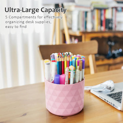 Desk Organizer, 360-Degree Rotating Pencil Pen Holders For Desk, Diamond Pattern Pen Organizer With 5 Compartments, Cute Desk Accessories Decor For Office, School,Home,Art Supply (Pink)