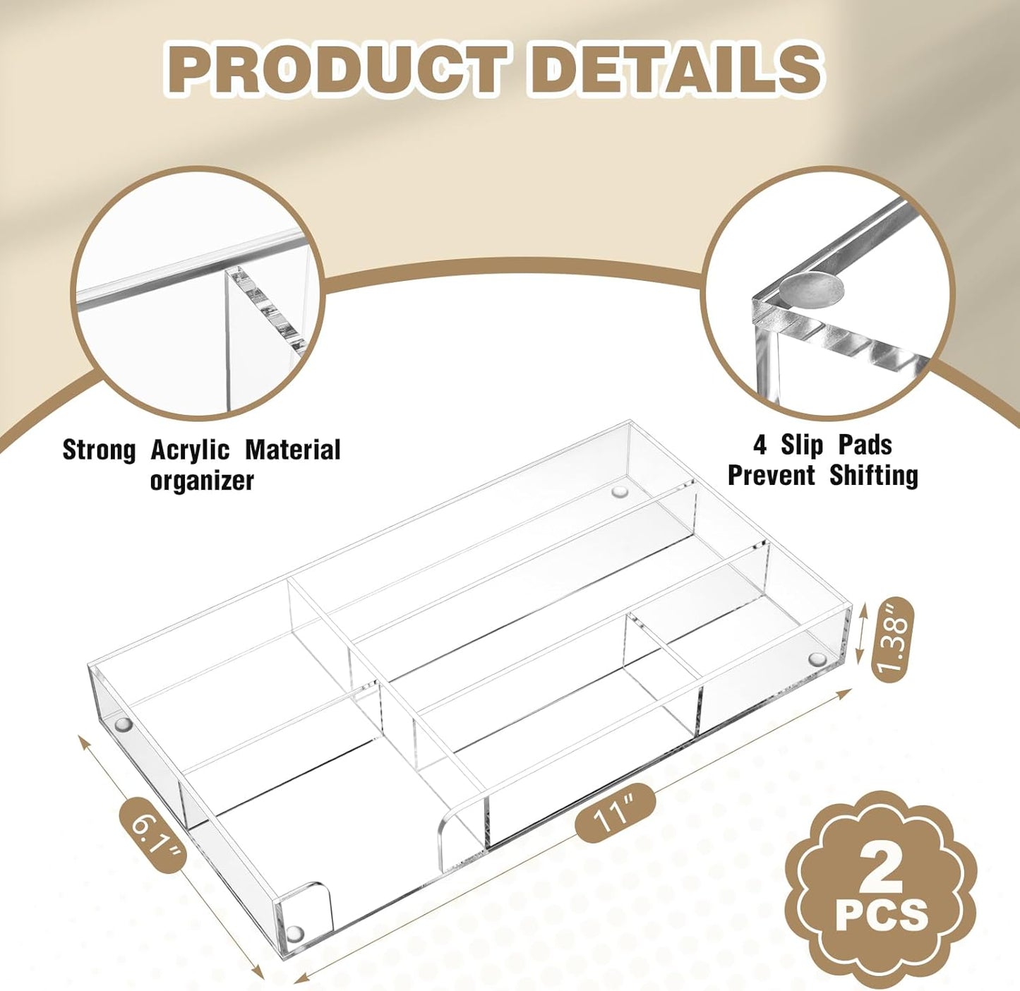 Briwooody 3 Pcs Clear Acrylic Desk Drawer Organizer 13.7 x 8.7 x 2 Inch Drawer Organizer Trays with 8 Compartments Desk Accessories for Office Makeup Silverware Bathroom
